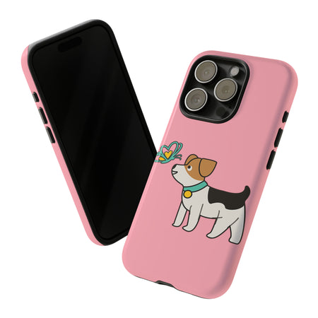 Dog Butterfly Pastel Pink iPhone 15/14/13/12/11/10 X/8, Samsung Galaxy S10/S20/S21/S22, Samsung S20 FE/S21 FE, Google Pixel 5/6 Tough Phone Cases