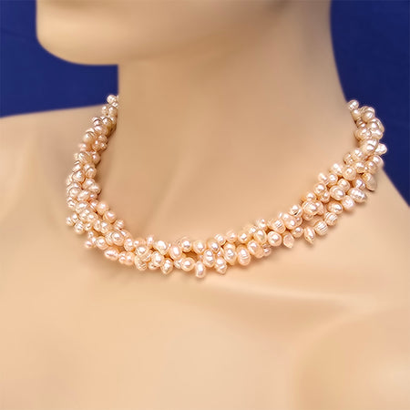 Freshwater Pearl Statement Necklace - Light Peach Color, 3 Strands, 18 inches