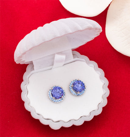 Modern Tanzanite Blue Halo Stud Earrings - 11mm - Unique Offset Design
