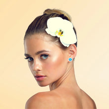 Load image into Gallery viewer, White Gold Plated Halo Blue Cubic Zirconia Clip On Earrings, 12 mm