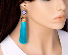 Load image into Gallery viewer, Blue Tassel Dangle Gold Earrings, 4.5 inches
