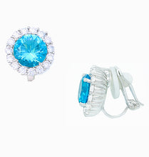 Load image into Gallery viewer, White Gold Plated Halo Blue Cubic Zirconia Clip On Earrings, 12 mm