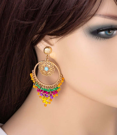 Colorful Seed Beads Gold Hoop Drop Earrings, 2.4 inches