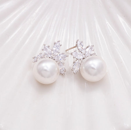 Radiant Crown Pearl Earrings, 12mm Pearl Stud Wedding Earrings