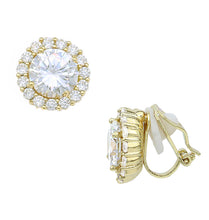 Load image into Gallery viewer, Round Cubic Zirconia Gold Clip On Earrings, 12 mm