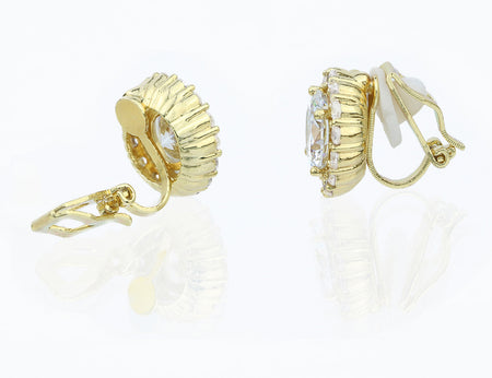 Round Cubic Zirconia Gold Clip On Earrings, 12 mm