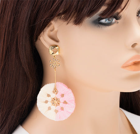 Pastel Pink Tassel Pinwheel Flower Dangle Earrings, 3.75 inches