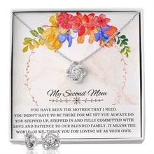 Load image into Gallery viewer, Beautiful Love knot Pendant Necklace and Earrings Set for Bonus Mom, Stainless steel jewelry set for Second Mother - Personalized Gift Message Card