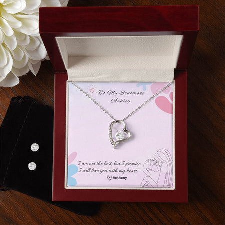 Soulmate Forever Heart Necklace Earrings Jewelry Set - Personalized Gift Message Card