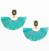 Load image into Gallery viewer, Emerald Green Teal Tassel Fan Drop Earrings, 2.4 inches