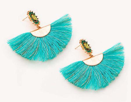 Emerald Green Teal Tassel Fan Drop Earrings, 2.4 inches