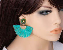 Load image into Gallery viewer, Emerald Green Teal Tassel Fan Drop Earrings, 2.4 inches