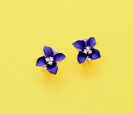 Navy Blue Floral Stud Earrings