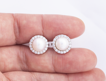 Load image into Gallery viewer, Pearl Halo Cubic Zirconia Clip On Earrings, 12mm