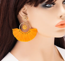 Load image into Gallery viewer, Yellow Tassel Fan Dangle Earrings, 3 inches