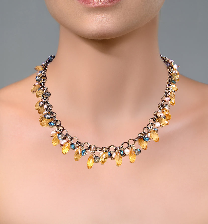 Handmade Pearl & Citrine Crystal Beaded Necklace – 21