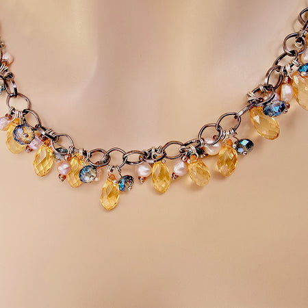 Handmade Pearl & Citrine Crystal Beaded Necklace – 21" Adjustable