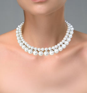 Double Strands White Round Pearl Statement Necklace, 18 inches