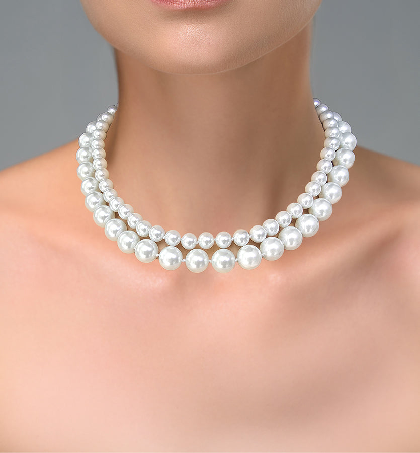 Double Strands White Round Pearl Statement Necklace, 18 inches