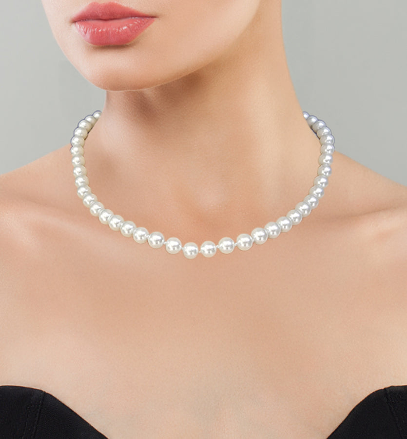 High Quality Pearl Necklace  – 8mm, 18 inches Hand-Knotted with Stainless Steel Fish Hook Clasp