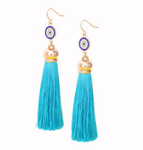 Load image into Gallery viewer, Blue Tassel Dangle Gold Earrings, 4.5 inches
