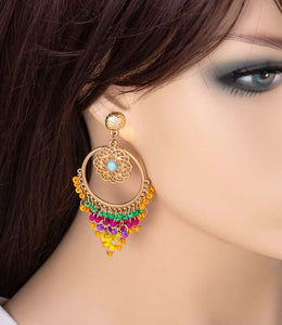 Colorful Seed Beads Gold Hoop Drop Earrings, 2.4 inches