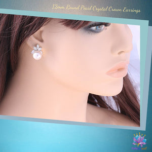 Radiant Crown Pearl Earrings, 12mm Pearl Stud Wedding Earrings