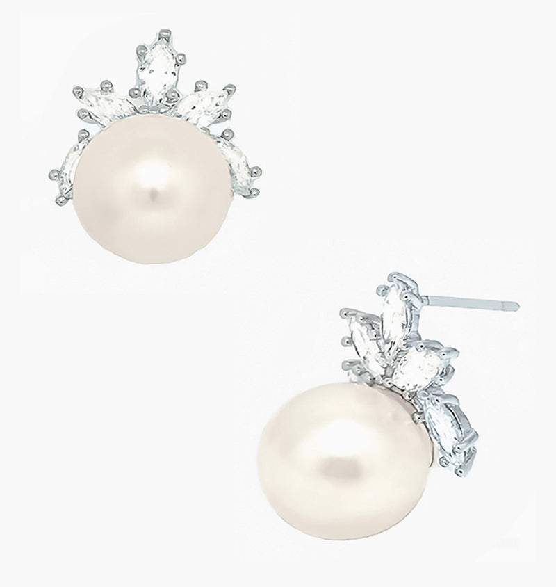 Radiant Crown Pearl Earrings, 12mm Pearl Stud Wedding Earrings