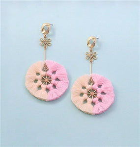 Pastel Pink Tassel Pinwheel Flower Dangle Earrings, 3.75 inches
