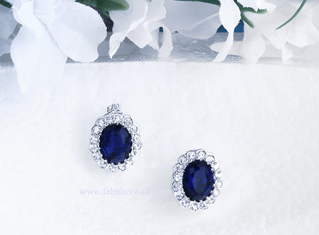 Men's Women's Oval Shaped Sapphire Blue Halo Stud Earrings, 10x12mm
