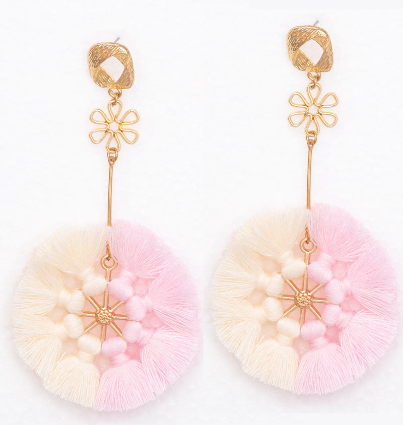 Pastel Pink Tassel Pinwheel Flower Dangle Earrings, 3.75 inches