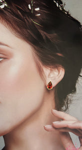 Garnet Red Stud Earrings Gold