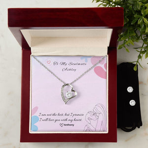 To My Soulmate Forever Heart Necklace Earrings Set in Custom Gift Message Box