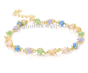 Beaded Colorful Stones Gold Chain Bracelet, Rosary Fashion Chain, 8 inches